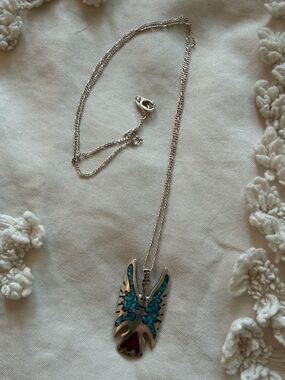 Sterling Silver Butterfly Wing Pendant Necklace - Turquoise & Red